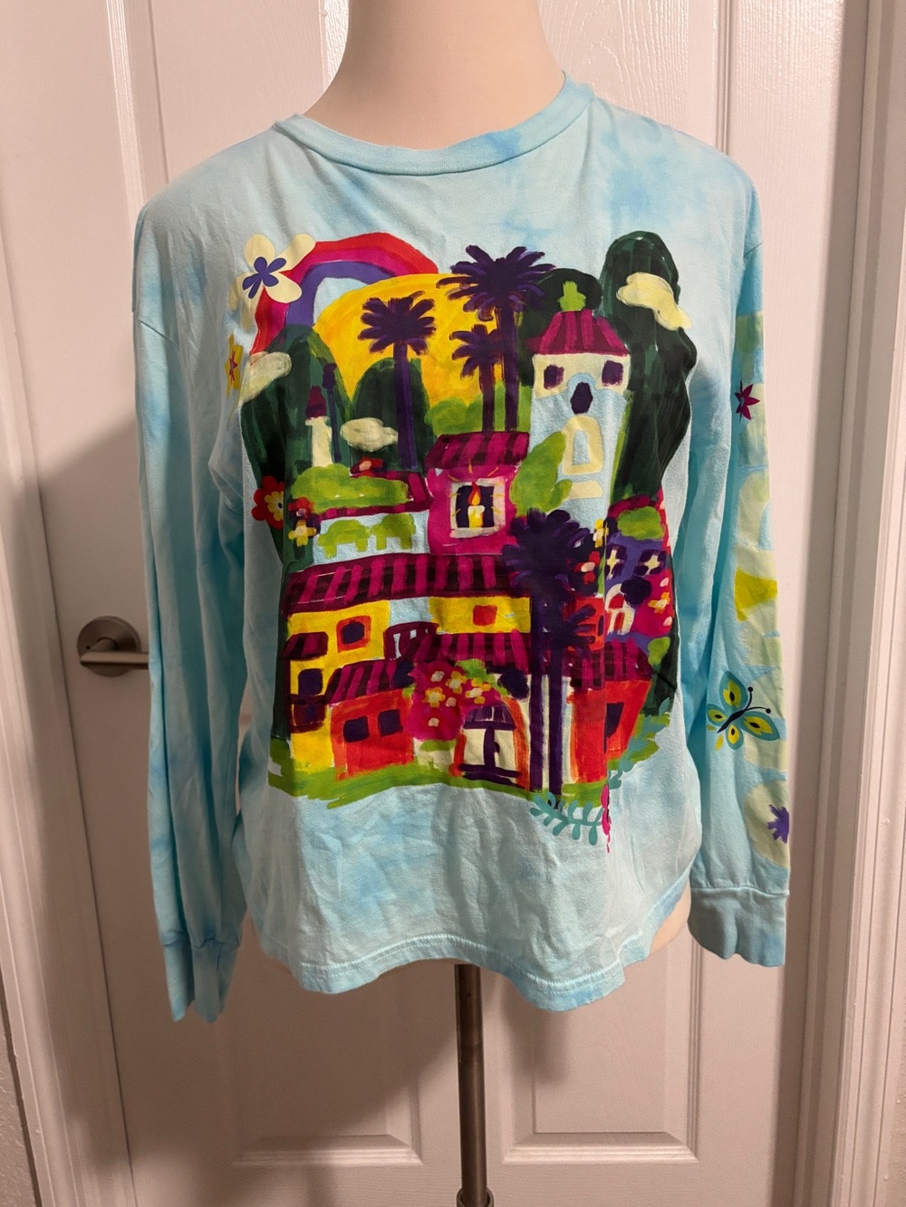 Disney Encanto Women’s L Blue Tie Dye Casita Graphic Long Sleeve T Shirt Cotton
